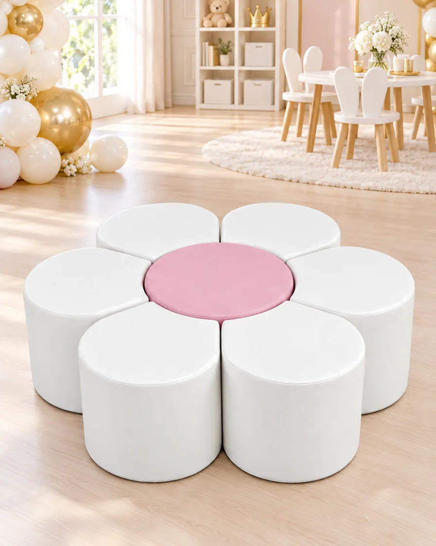 White & Pink flower Soft Play Seating in a kids party room indoor playground