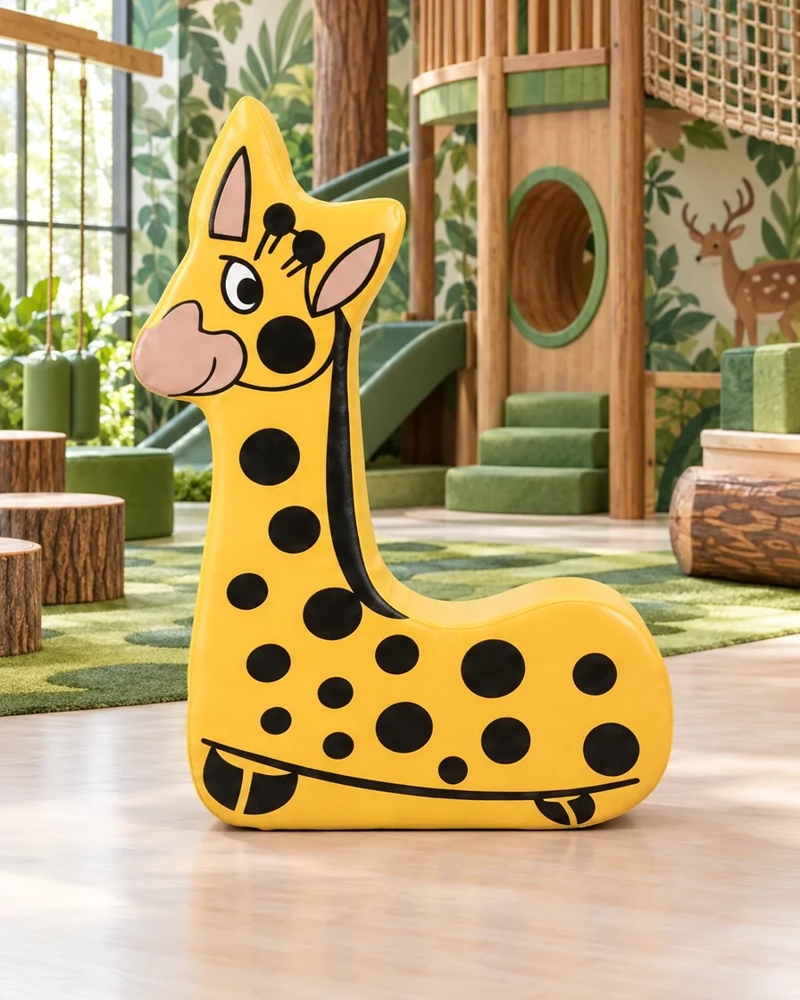 Yellow giraffe Soft Play Seat in a jungle theme indoor playground