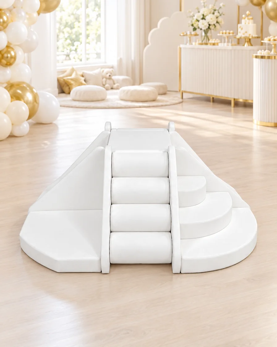 PlayCurator Half-Round Roller Soft Play Climber — White 1 White half-Round Roller Soft Play Climber in a kids party room indoor playground