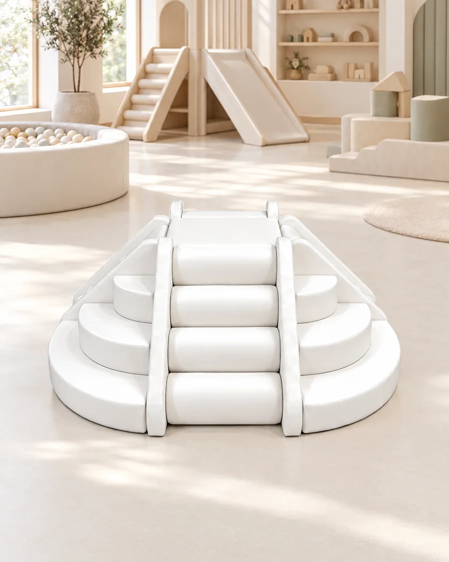 PlayCurator Half-Round Step Soft Play Climber — White 1 White half-Round Step Soft Play Climber in a soft play center indoor playground