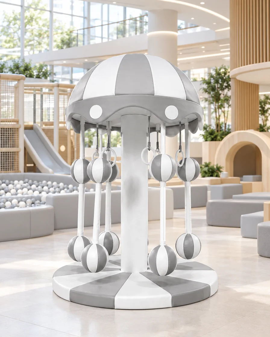 Grey & White hanging Ball Soft Play Carousel in a mall play zone indoor playground