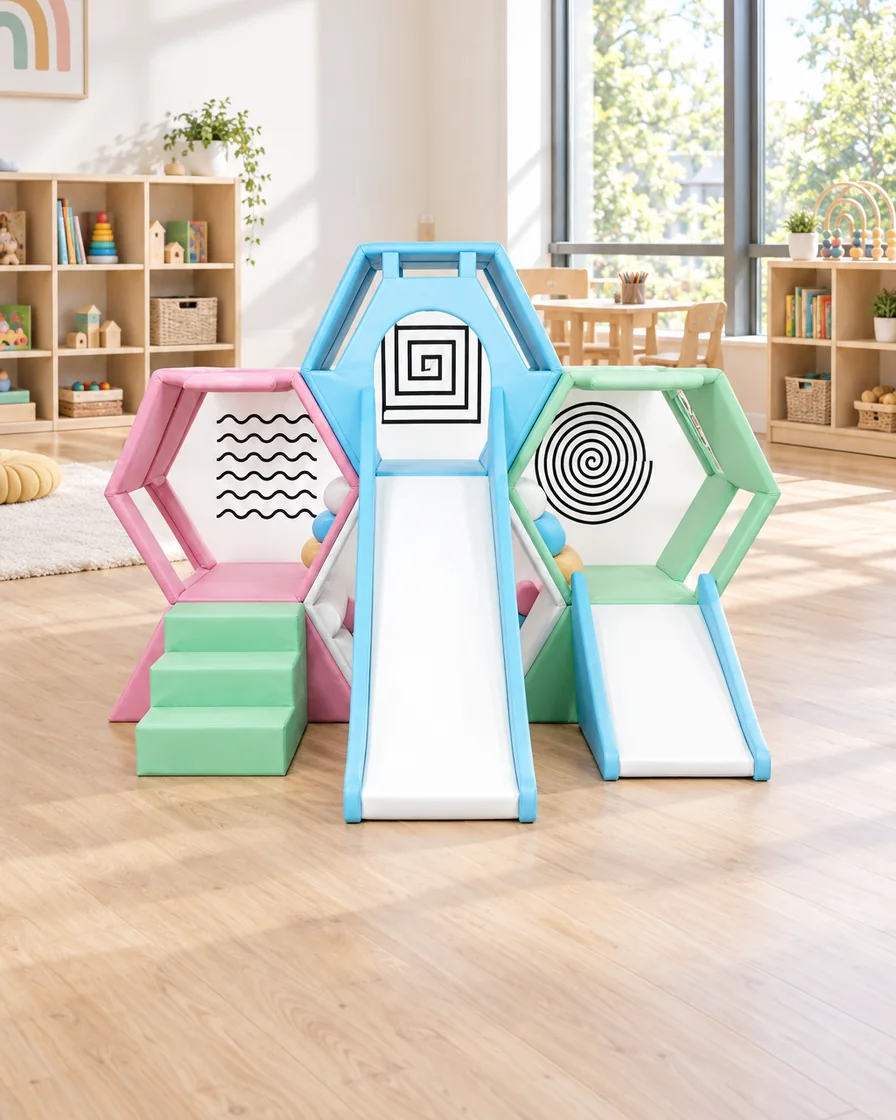 Pastel honeycomb Soft Play Climber with Slides in a kindergarten playroom indoor playground