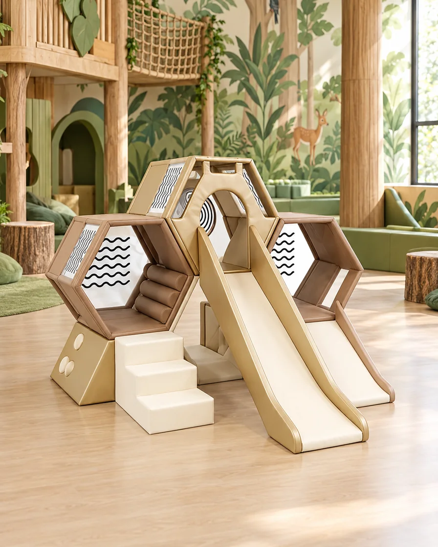 PlayCurator Honeycomb Soft Play Climber with Slides — Wood Tone 1 Wood Tone honeycomb Soft Play Climber with Slides in a jungle theme indoor playground