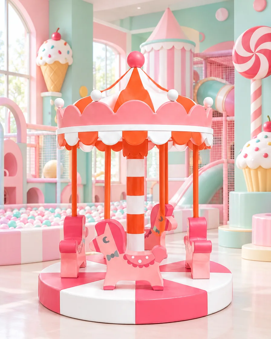 PlayCurator Horse Soft Play Carousel — Coral & White 1 Coral & White horse Soft Play Carousel in a candy theme indoor playground