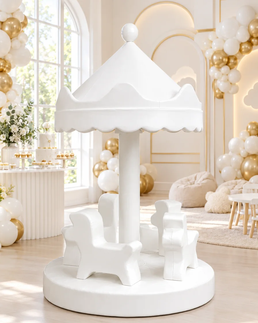 PlayCurator Horse Soft Play Carousel — White 1 White horse Soft Play Carousel in a kids party room indoor playground