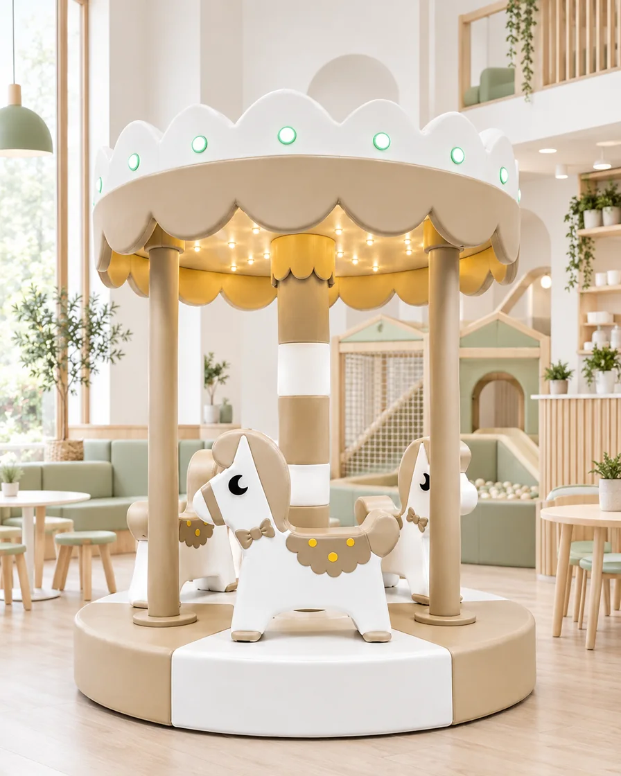 PlayCurator Horse Soft Play Carousel with LED Canopy — Beige 1 Beige horse Soft Play Carousel with LED Canopy in a Scandinavian soft play cafe indoor playground