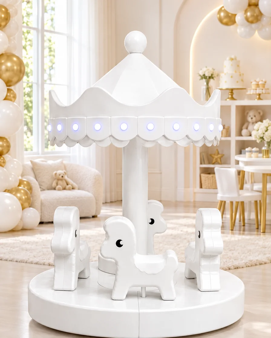 White horse Soft Play Carousel with LED Canopy in a kids party room indoor playground