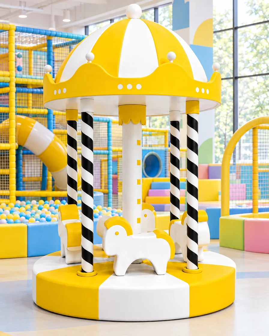 Yellow & White horse Soft Play Carousel in a family entertainment center indoor playground