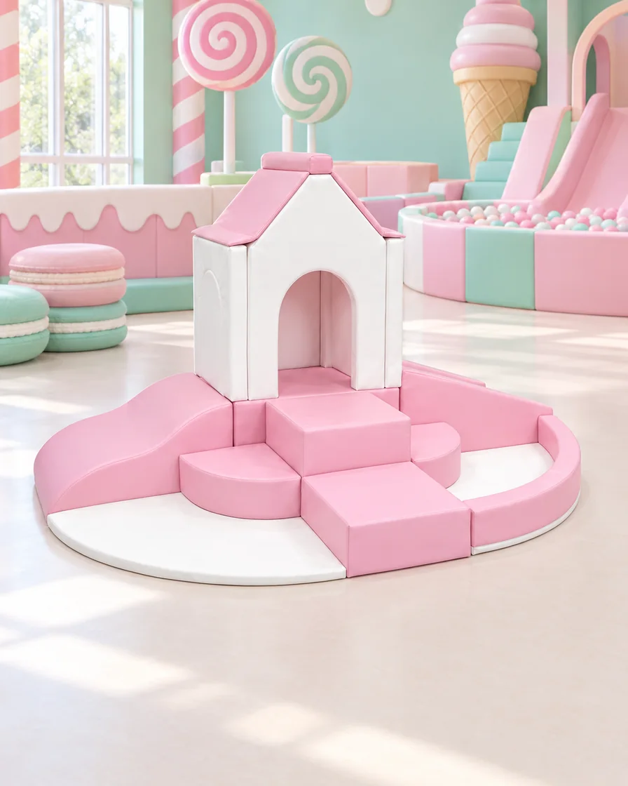 Pink & White house Tower Soft Play Climber in a candy theme indoor playground
