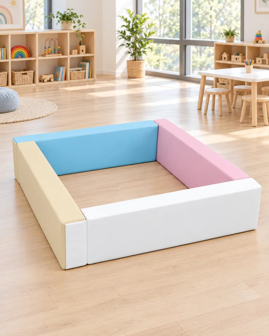 Pastel large Square Soft Play Ball Pit in a kindergarten playroom indoor playground