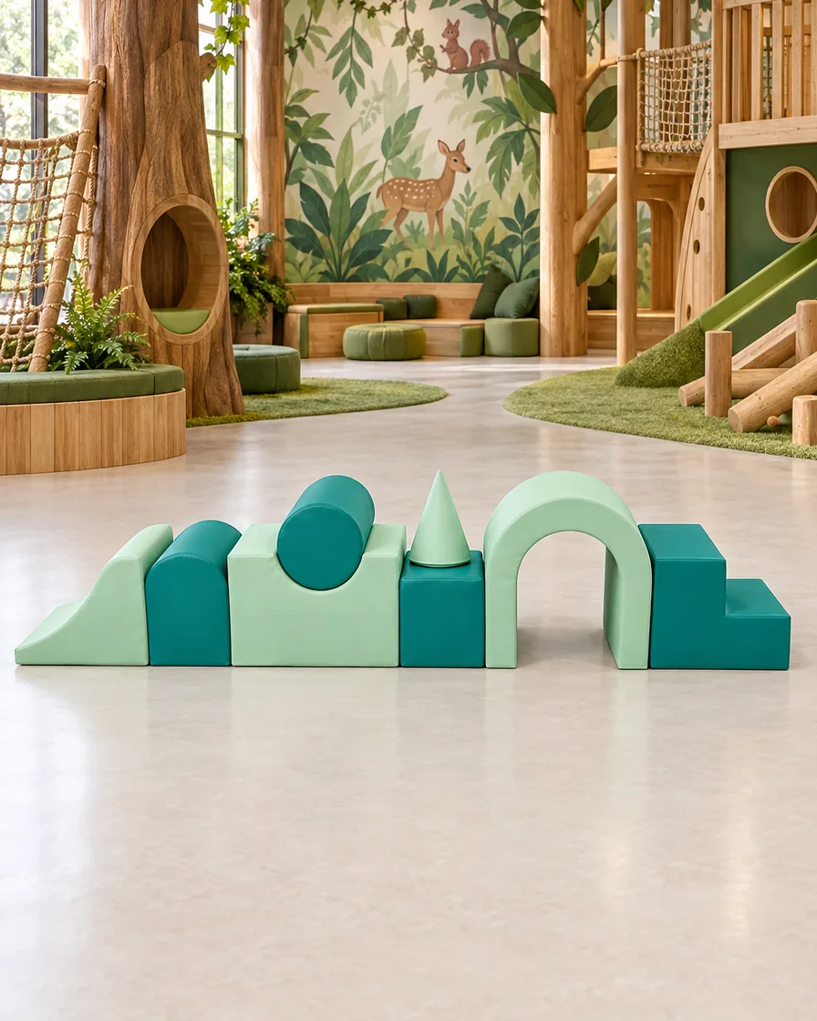 PlayCurator Linear Soft Play Obstacle Course — Mint & Teal 1 Mint & Teal linear Soft Play Obstacle Course in a jungle theme indoor playground