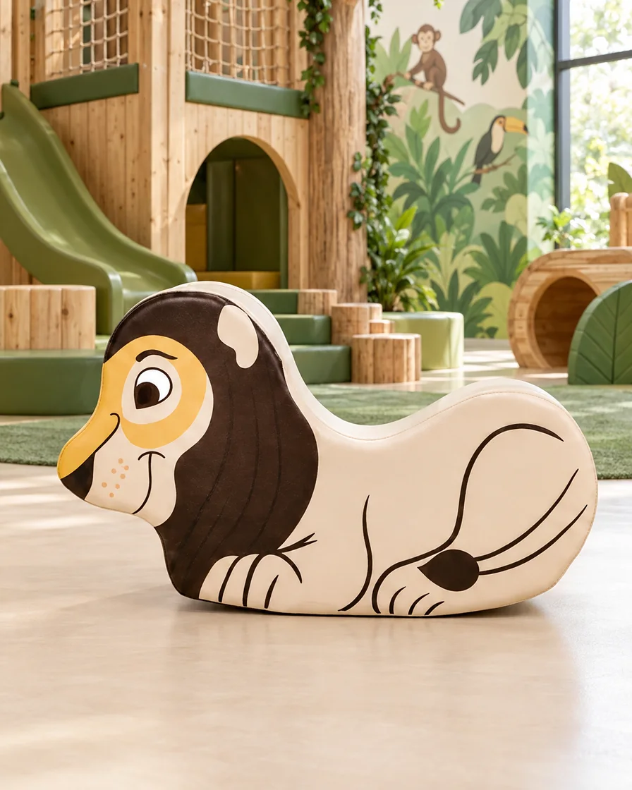 Cream lion Soft Play Rocker in a jungle theme indoor playground