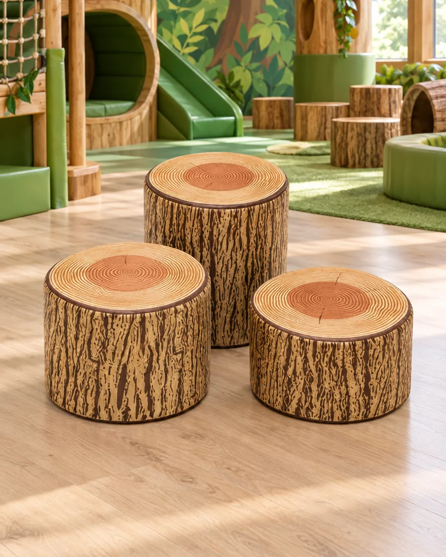 Wood Print log Stump Soft Play Stool in a jungle theme indoor playground