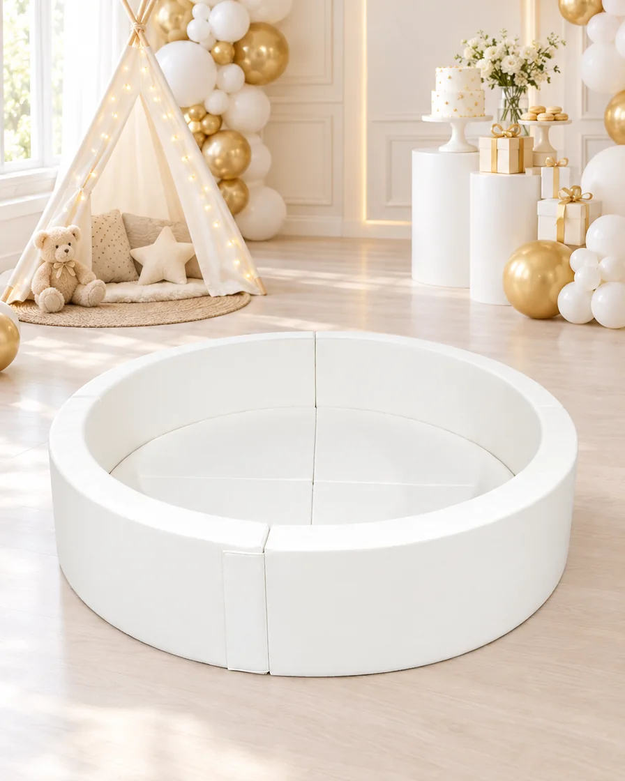 PlayCurator Low Round Soft Play Ball Pit — White 1 White low Round Soft Play Ball Pit in a kids party room indoor playground