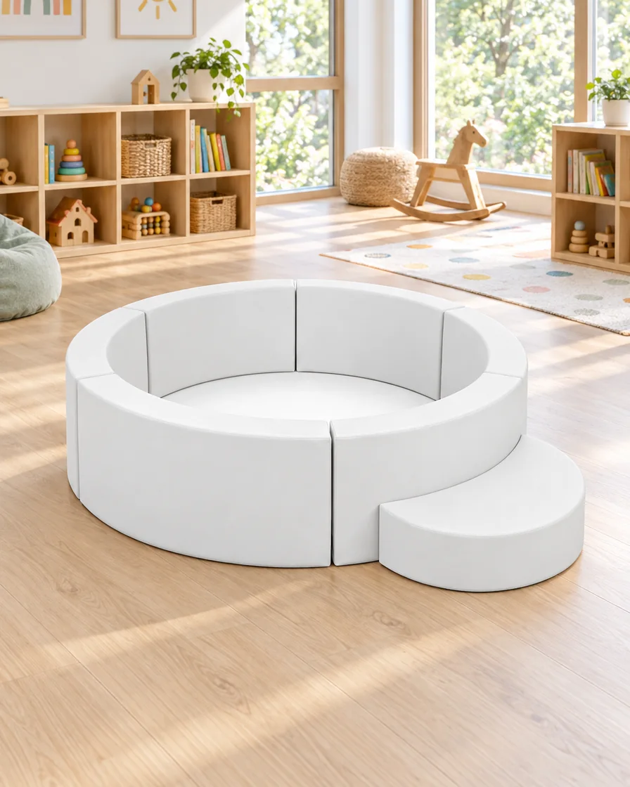 PlayCurator Low Round Soft Play Ball Pit with Step — White 1 White low Round Soft Play Ball Pit with Step in a kindergarten playroom indoor playground