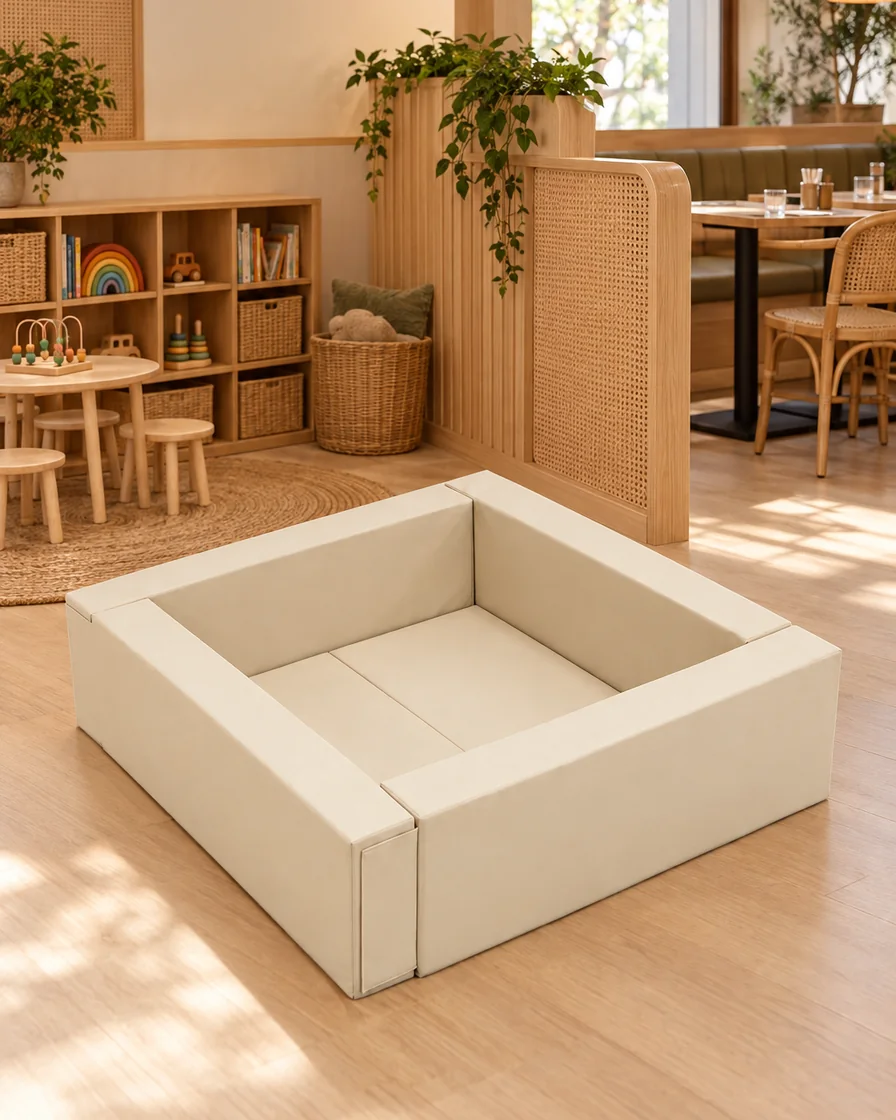 PlayCurator Low Square Soft Play Ball Pit — Beige 1 Beige low Square Soft Play Ball Pit in a restaurant kids corner indoor playground