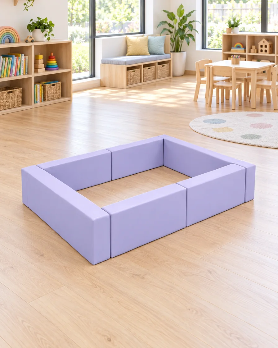 PlayCurator Low Square Soft Play Ball Pit — Lavender 1 Lavender low Square Soft Play Ball Pit in a kindergarten playroom indoor playground