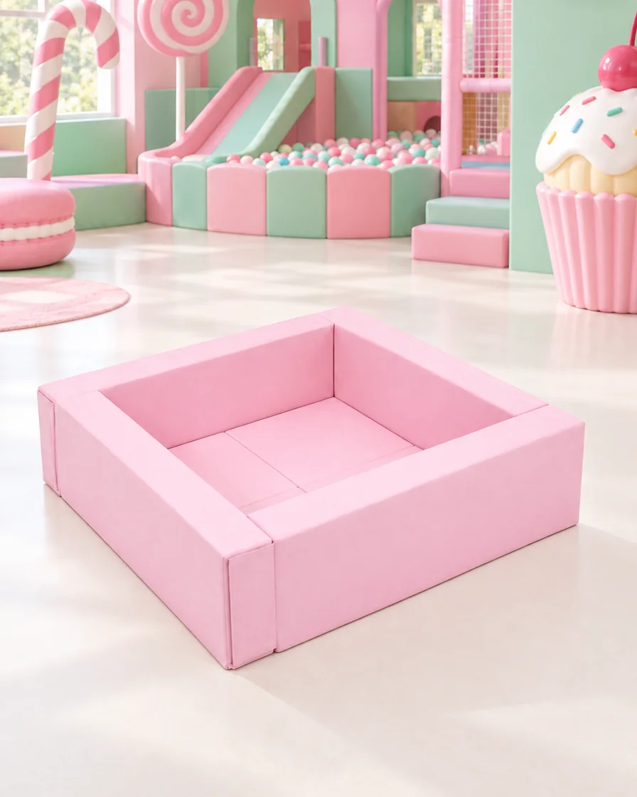 PlayCurator Low Square Soft Play Ball Pit — Pink 1 Pink low Square Soft Play Ball Pit in a candy theme indoor playground