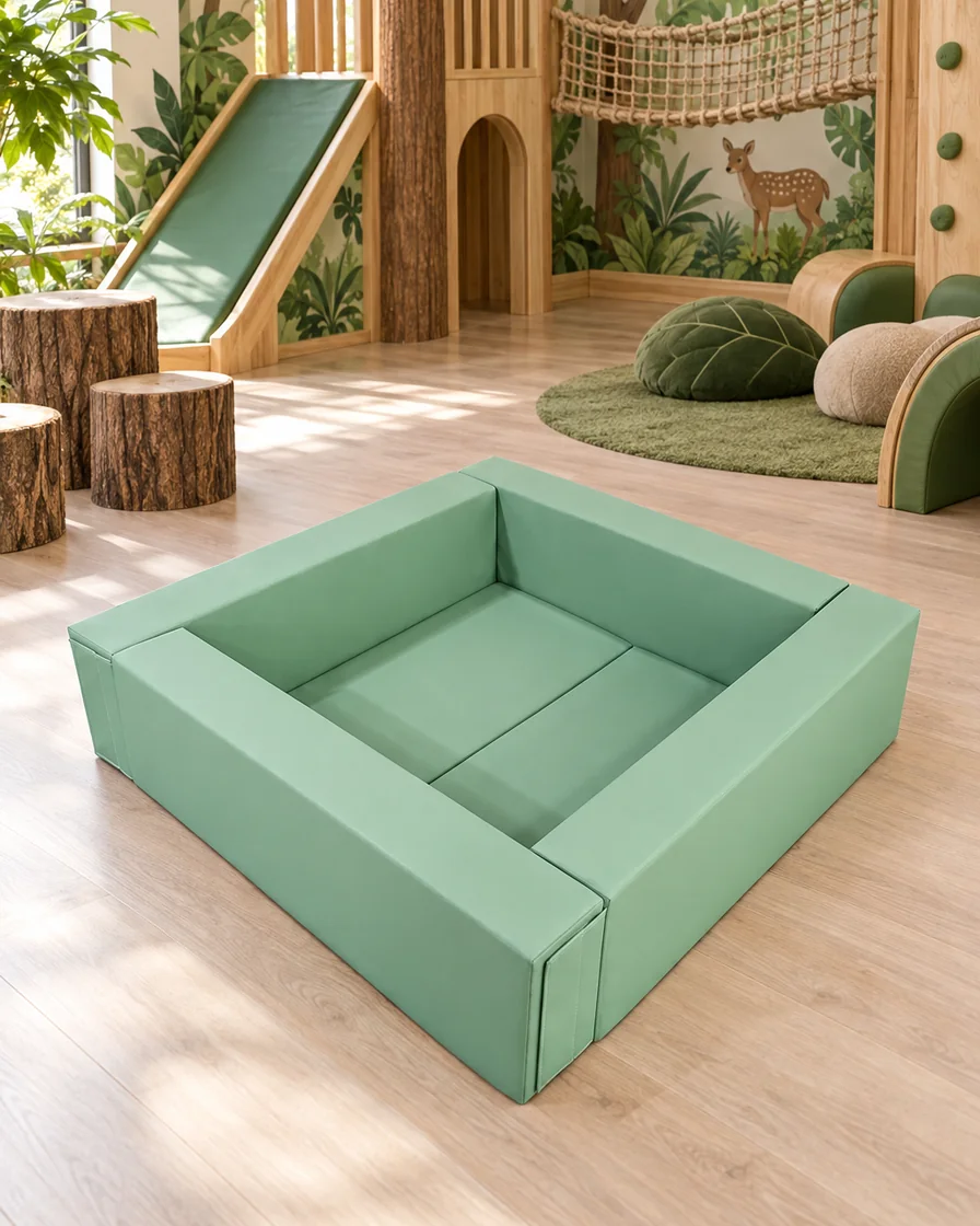 PlayCurator Low Square Soft Play Ball Pit — Sage Green 1 Sage Green low Square Soft Play Ball Pit in a jungle theme indoor playground