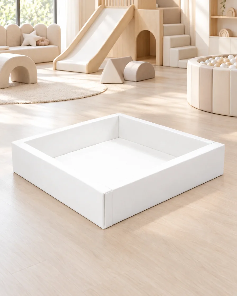 White low Square Soft Play Ball Pit in a soft play center indoor playground
