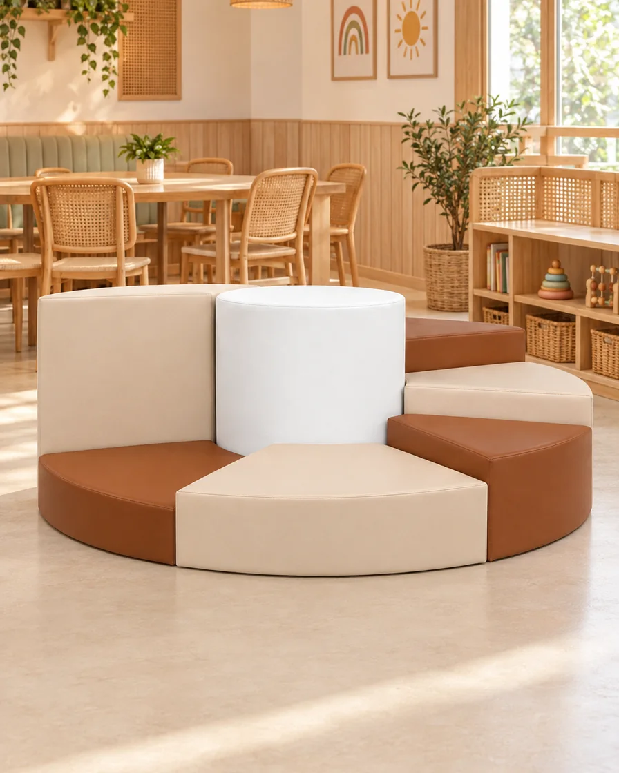 PlayCurator Modular Round Soft Play Seating — Beige & Brown 1 Beige & Brown modular Round Soft Play Seating in a restaurant kids corner indoor playground