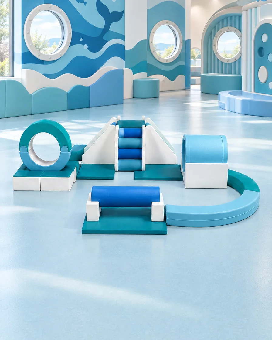 PlayCurator Modular Soft Play Obstacle Circuit — Teal & White 1 Teal & White modular Soft Play Obstacle Circuit in a ocean theme indoor playground