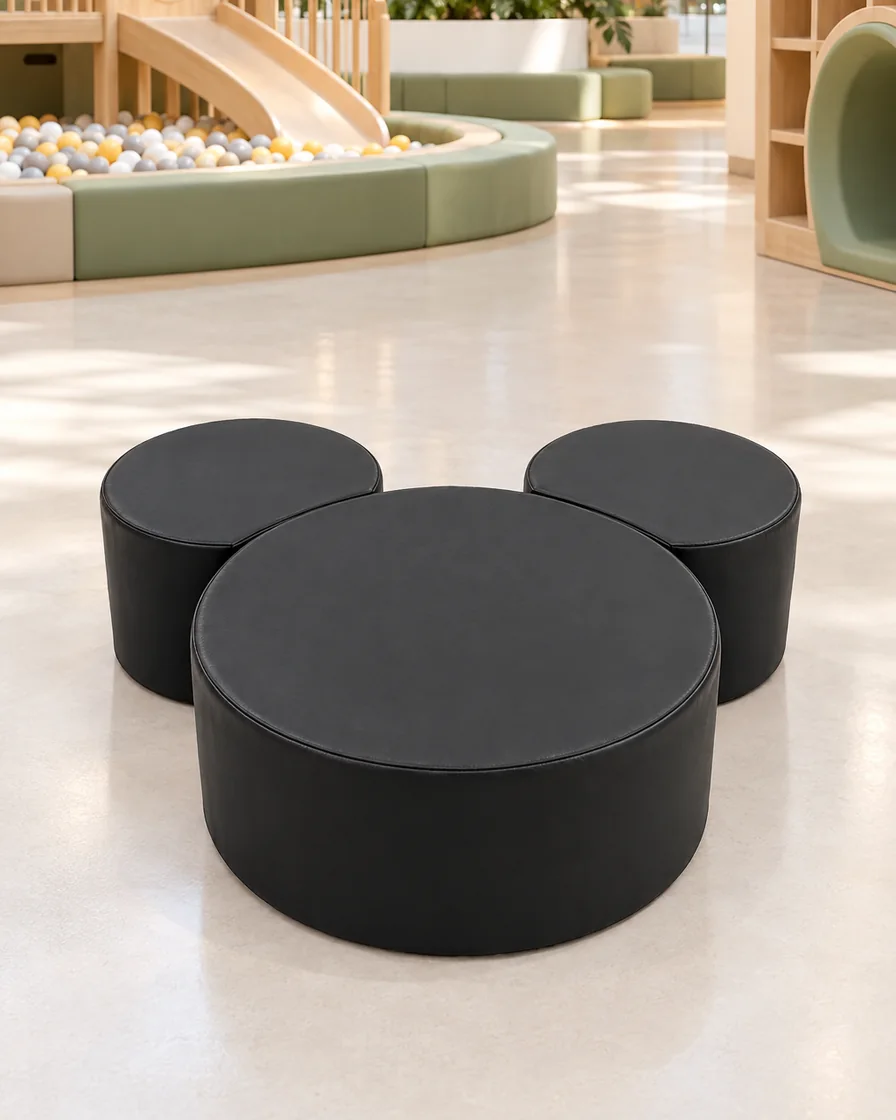 PlayCurator Mouse Ears Soft Play Ottoman — Black 1 Mouse Ears Soft Play Ottoman Black in a mall play zone indoor playground