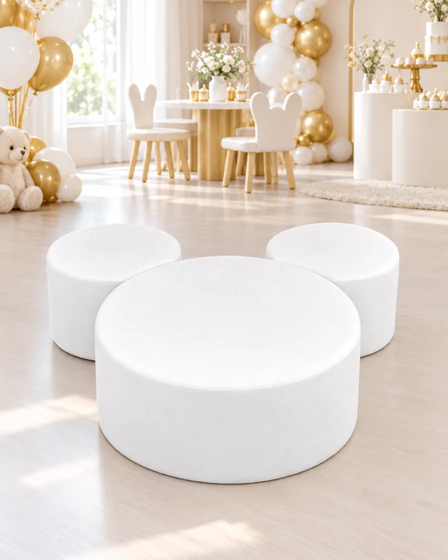 PlayCurator Mouse Ears Soft Play Ottoman — White 1 Mouse Ears Soft Play Ottoman White in a kids party room indoor playground