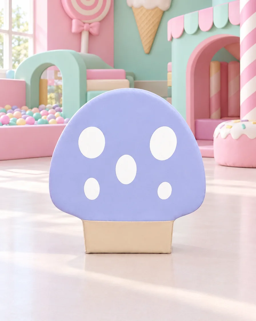 PlayCurator Mushroom Soft Play Seat — Lilac 1 Lilac mushroom Soft Play Seat in a candy theme indoor playground