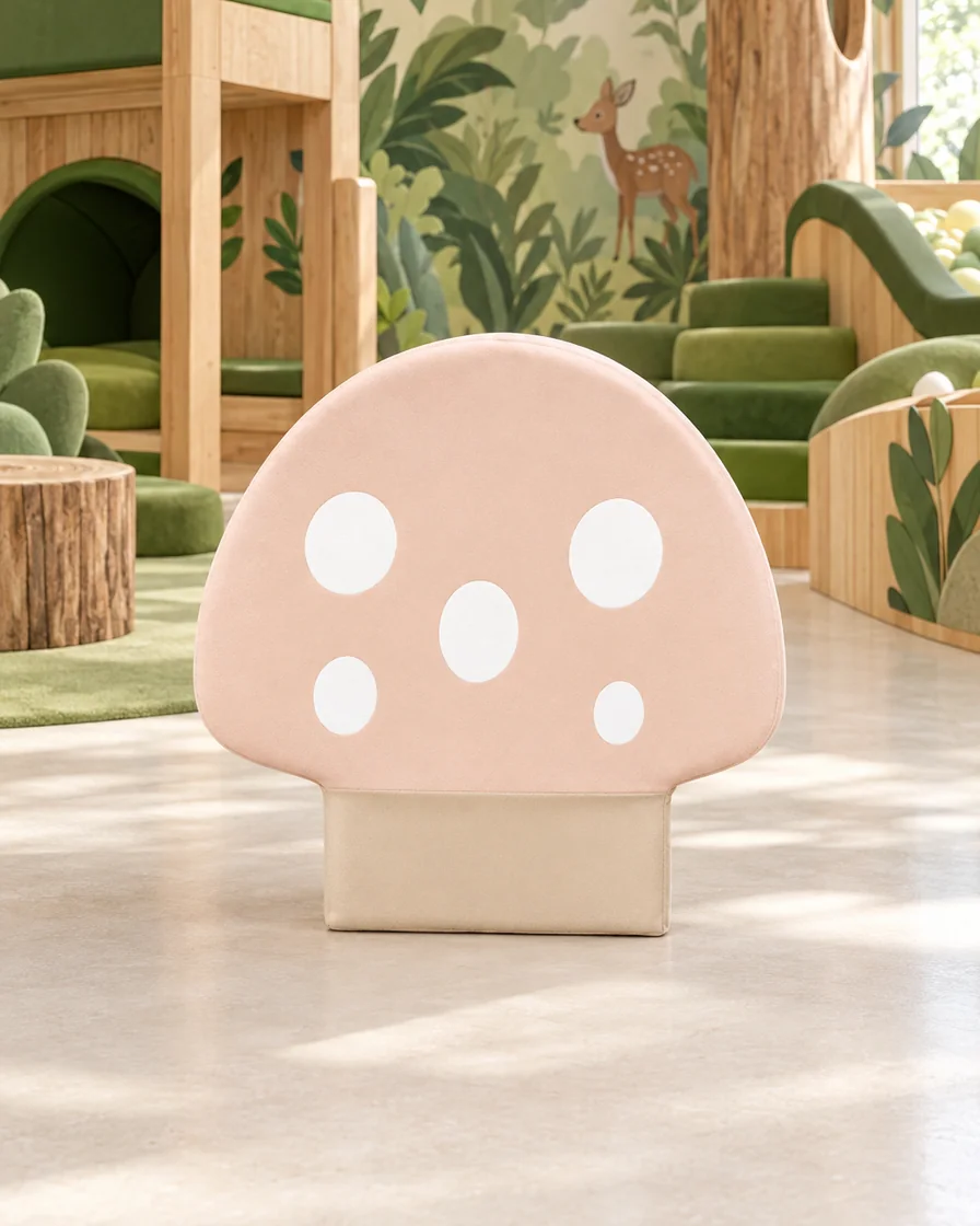 PlayCurator Mushroom Soft Play Seat — Peach & Green 1 Peach & Green mushroom Soft Play Seat in a jungle theme indoor playground