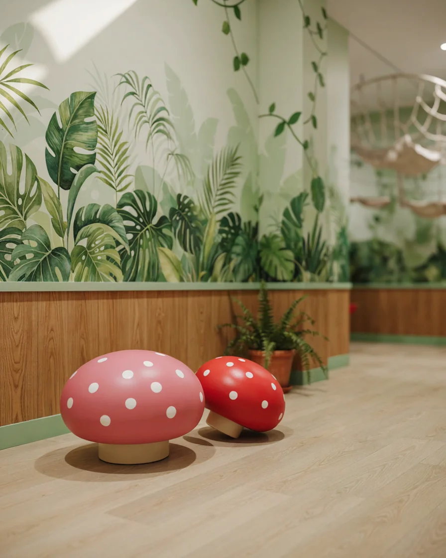 PlayCurator Mushroom Soft Play Seat 1 Mushroom Soft Play Seat in a jungle theme indoor playground