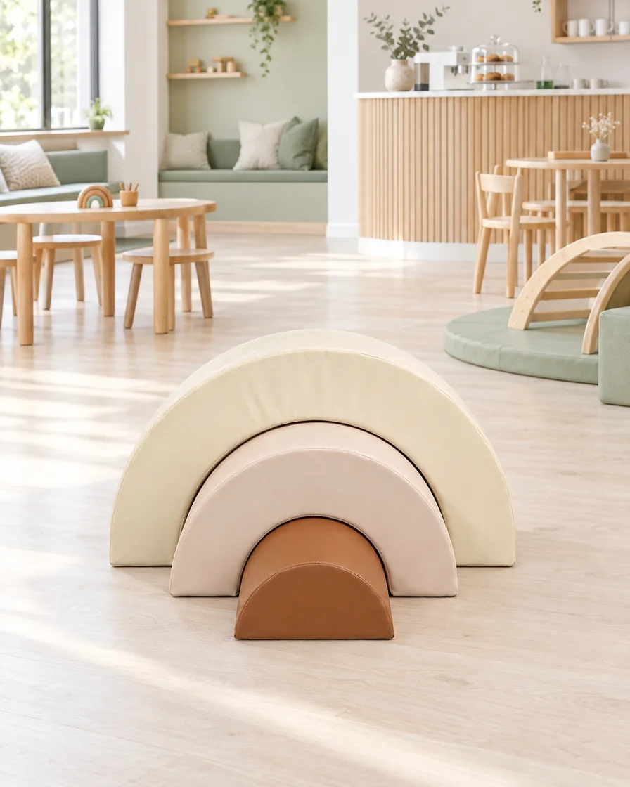 PlayCurator Nested Rainbow Soft Play Arches — Neutral 1 Neutral nested Rainbow Soft Play Arches in a Scandinavian soft play cafe indoor playground