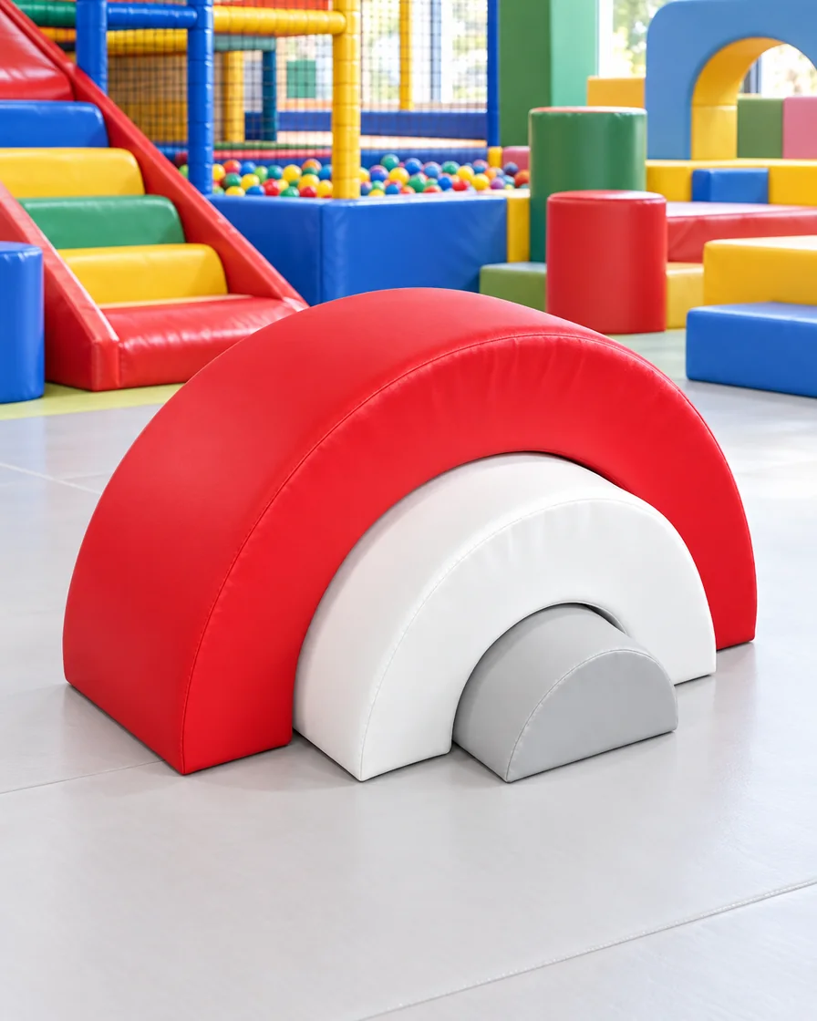 Red & White nested Rainbow Soft Play Arches in a family entertainment center indoor playground