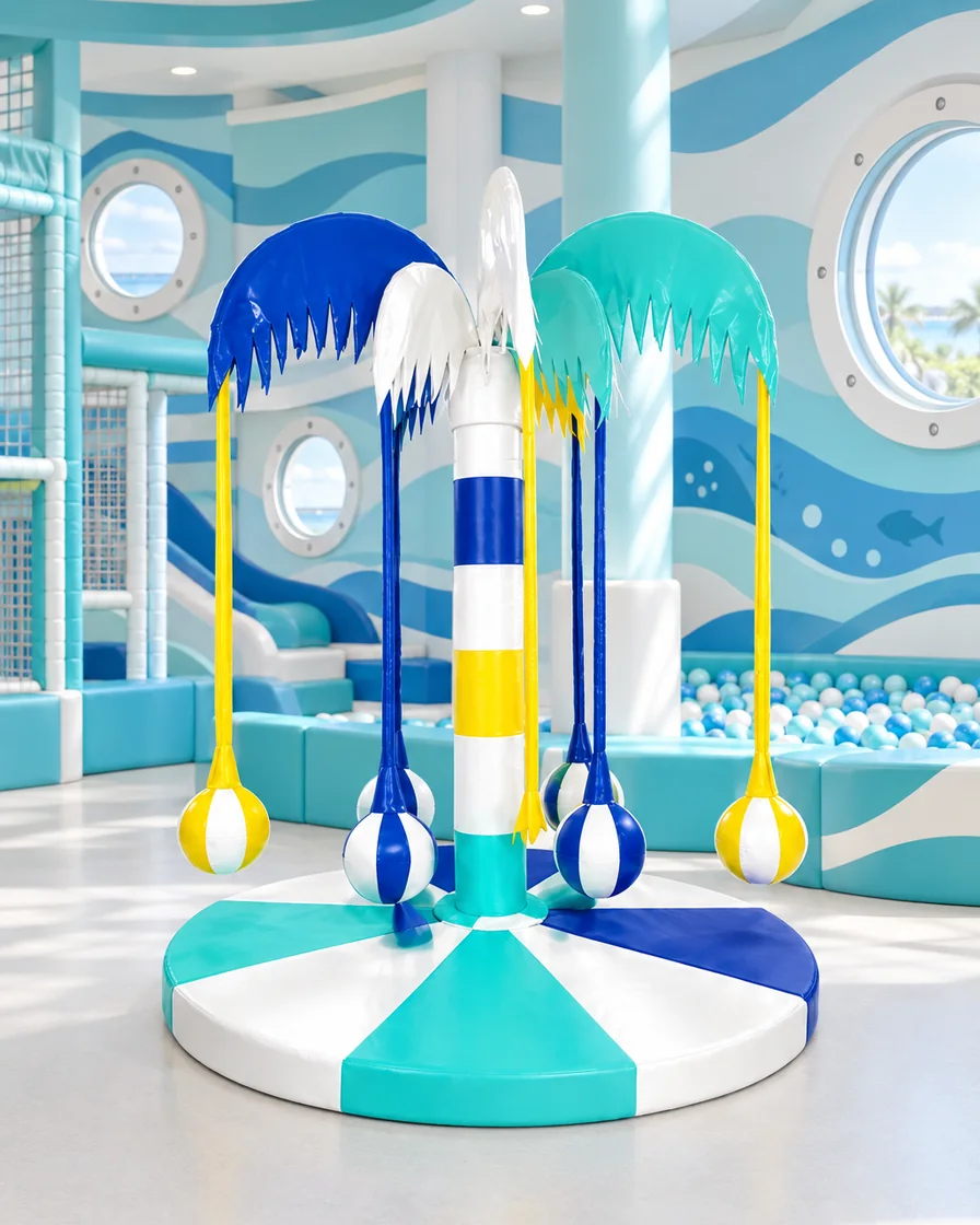PlayCurator Palm Tree Soft Play Carousel — Blue & Aqua 1 Blue & Aqua palm Tree Soft Play Carousel in a ocean theme indoor playground