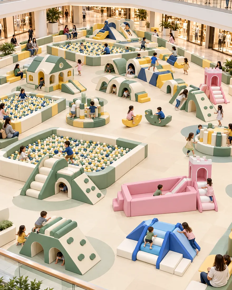 Soft play zone in a shopping mall with foam climbers and a castle ball pit
