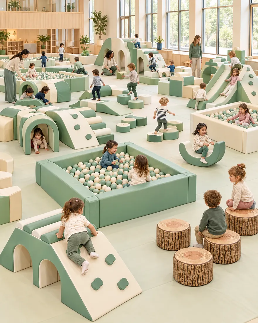 Large kindergarten soft play hall with ball pools, tunnel climbers and log stools