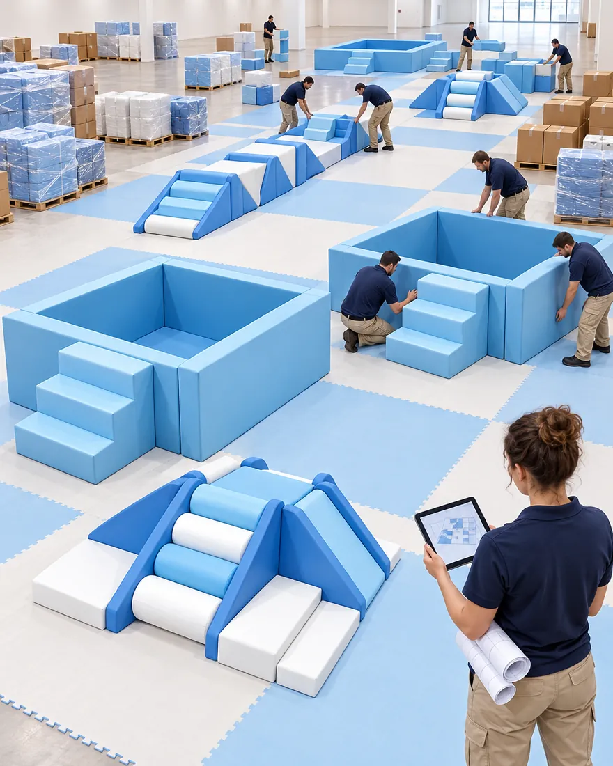 Installation crew assembling a large indoor soft play park while a designer checks the floor plan