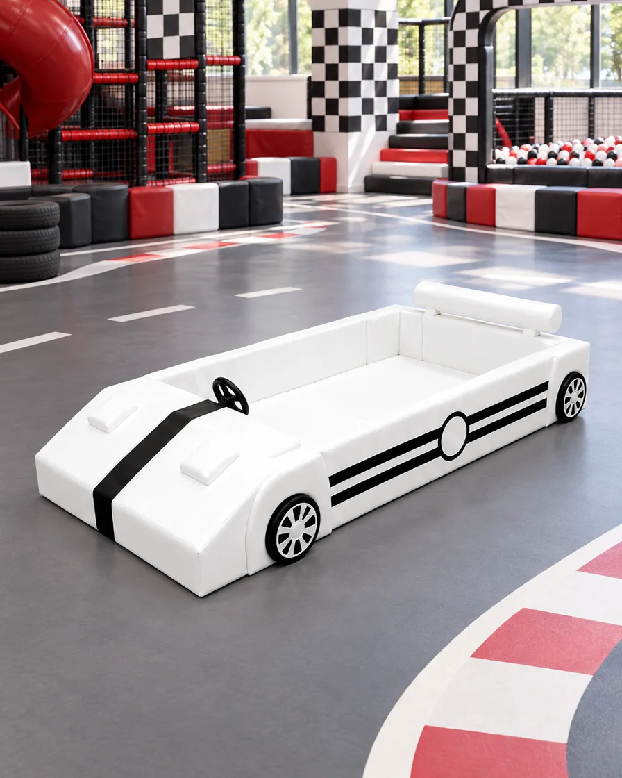 PlayCurator Race Car Soft Play Ball Pit — White 1 White race Car Soft Play Ball Pit in a racing theme zone indoor playground