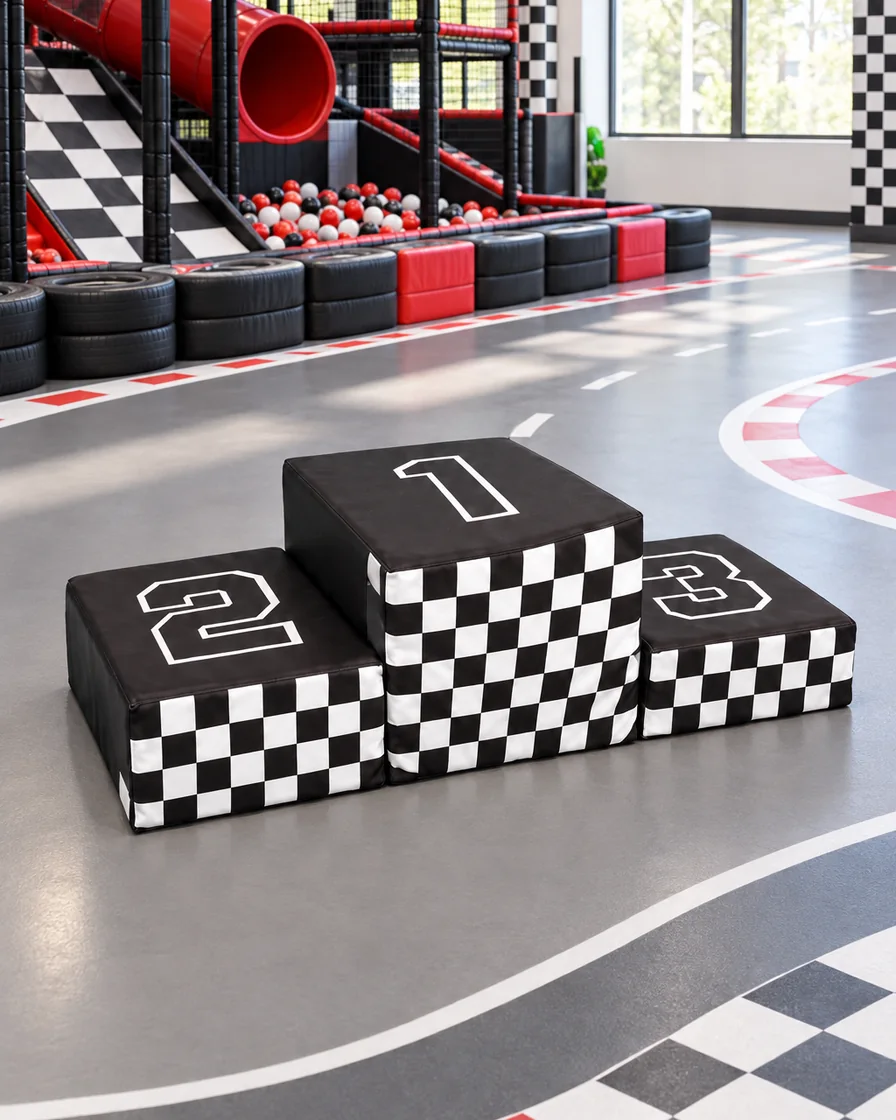 PlayCurator Racing Podium Soft Play Step Set — Black & White 1 Black & White racing Podium Soft Play Step Set in a racing theme zone indoor playground