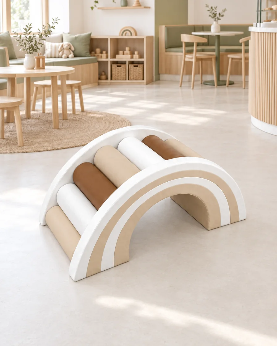 PlayCurator Rainbow Roller Soft Play Bridge — Neutral 1 Neutral rainbow Roller Soft Play Bridge in a Scandinavian soft play cafe indoor playground