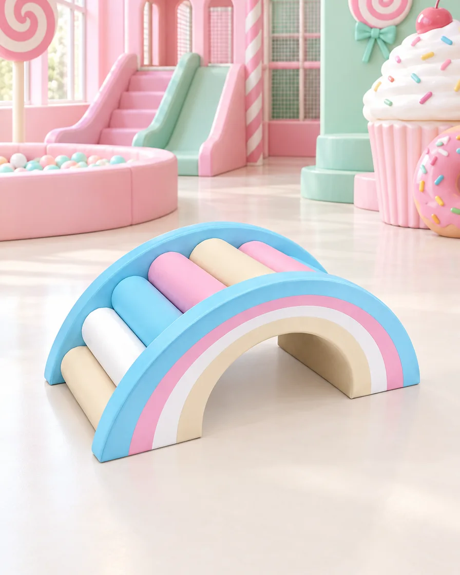 PlayCurator Rainbow Roller Soft Play Bridge — Pastel Rainbow 1 Pastel Rainbow rainbow Roller Soft Play Bridge in a candy theme indoor playground