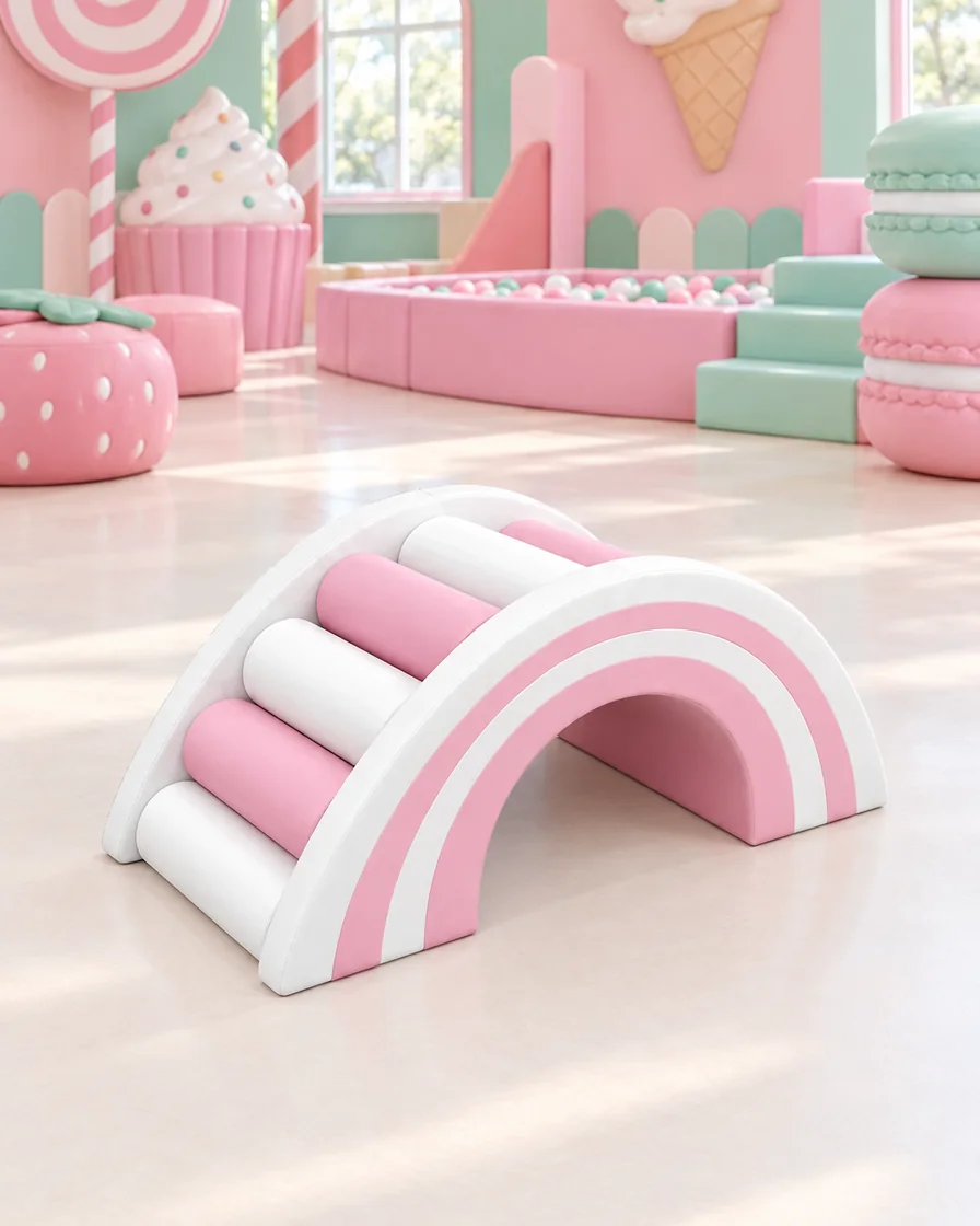Pink & White rainbow Roller Soft Play Bridge in a candy theme indoor playground