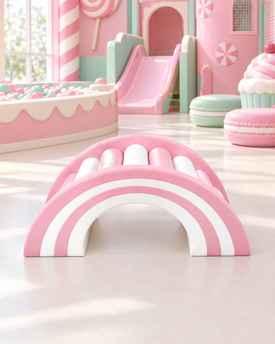 Rose Pink & White rainbow Roller Soft Play Bridge in a candy theme indoor playground