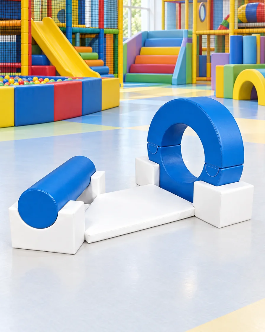 PlayCurator Ring & Roller Soft Play Obstacle Set — Blue & White 1 Blue & White ring & Roller Soft Play Obstacle Set in a family entertainment center indoor playground