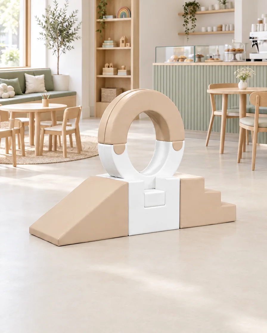 PlayCurator Ring Soft Play Climber — Beige & White 1 Beige & White ring Soft Play Climber in a Scandinavian soft play cafe indoor playground