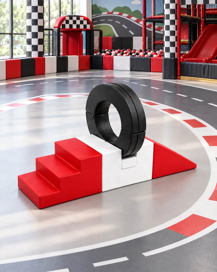 Red, White & Black ring Soft Play Climber in a racing theme zone indoor playground