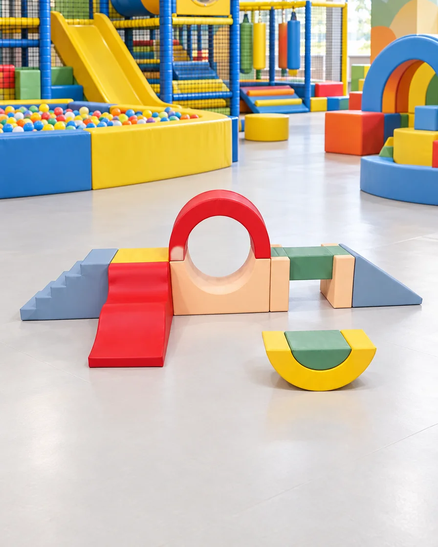 PlayCurator Ring Soft Play Climber with Wave Ramp & Rocker — Red & Slate Blue 1 Red & Slate Blue ring Soft Play Climber with Wave Ramp & Rocker in a family entertainment center indoor playground