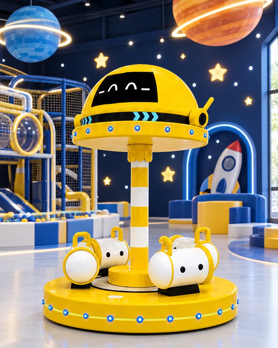 PlayCurator Robot Soft Play Carousel — Yellow 1 Yellow robot Soft Play Carousel in a space theme indoor playground
