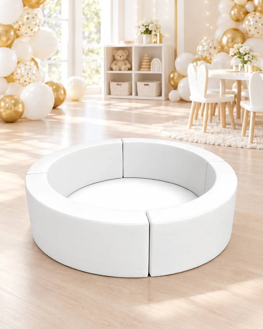 PlayCurator Round Soft Play Ball Pit — White 1 White round Soft Play Ball Pit in a kids party room indoor playground