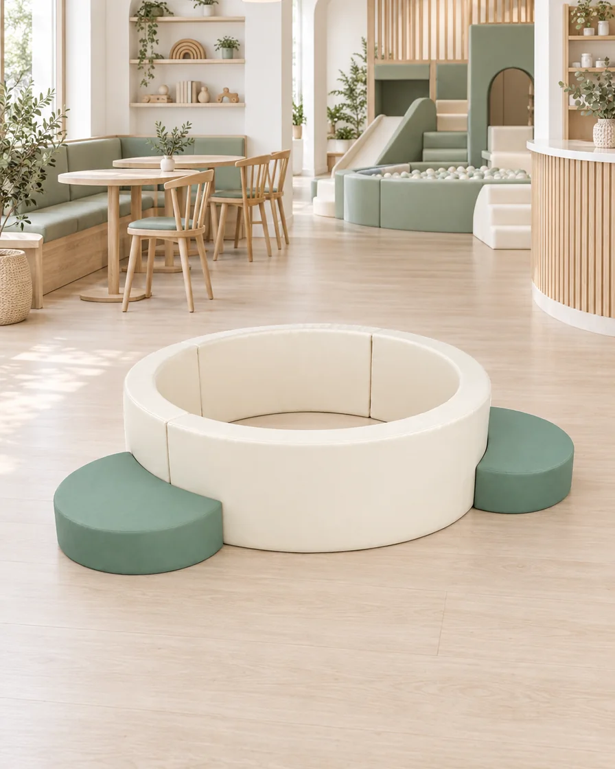 PlayCurator Round Soft Play Ball Pit with Half-Moon Steps — Cream & Sage 1 Cream & Sage round Soft Play Ball Pit with Half-Moon Steps in a Scandinavian soft play cafe indoor playground